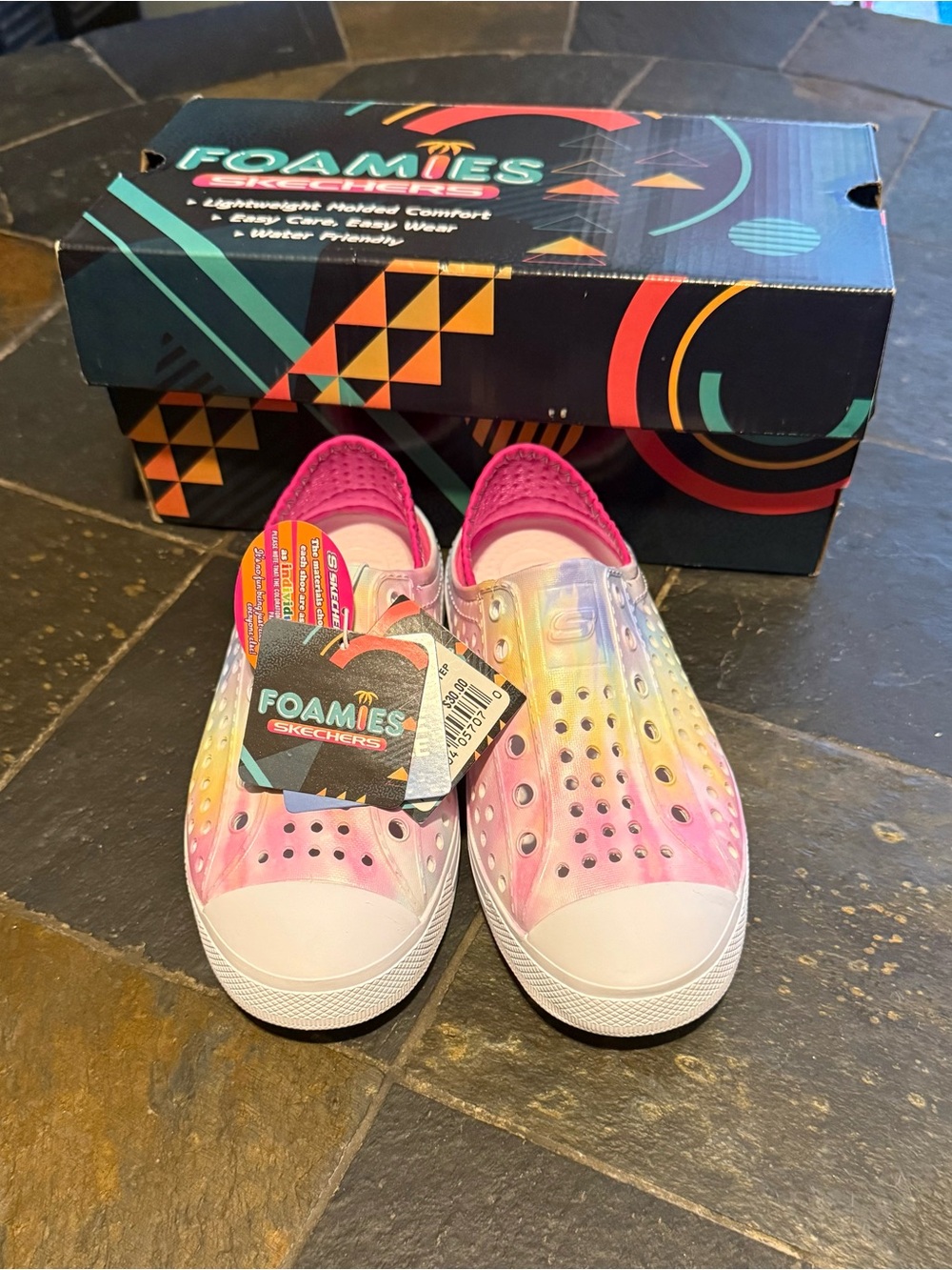 Skechers Kids Tie-Dye Foamies Slip-On Sneakers in Pink Yellow Blue